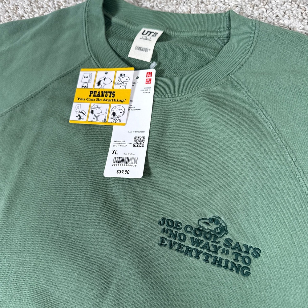 Uniqlo Peanuts Sweatshirt Mens XL Green Snoopy Joe Cool Cotton Graphic Raglan - Picture 3 of 9